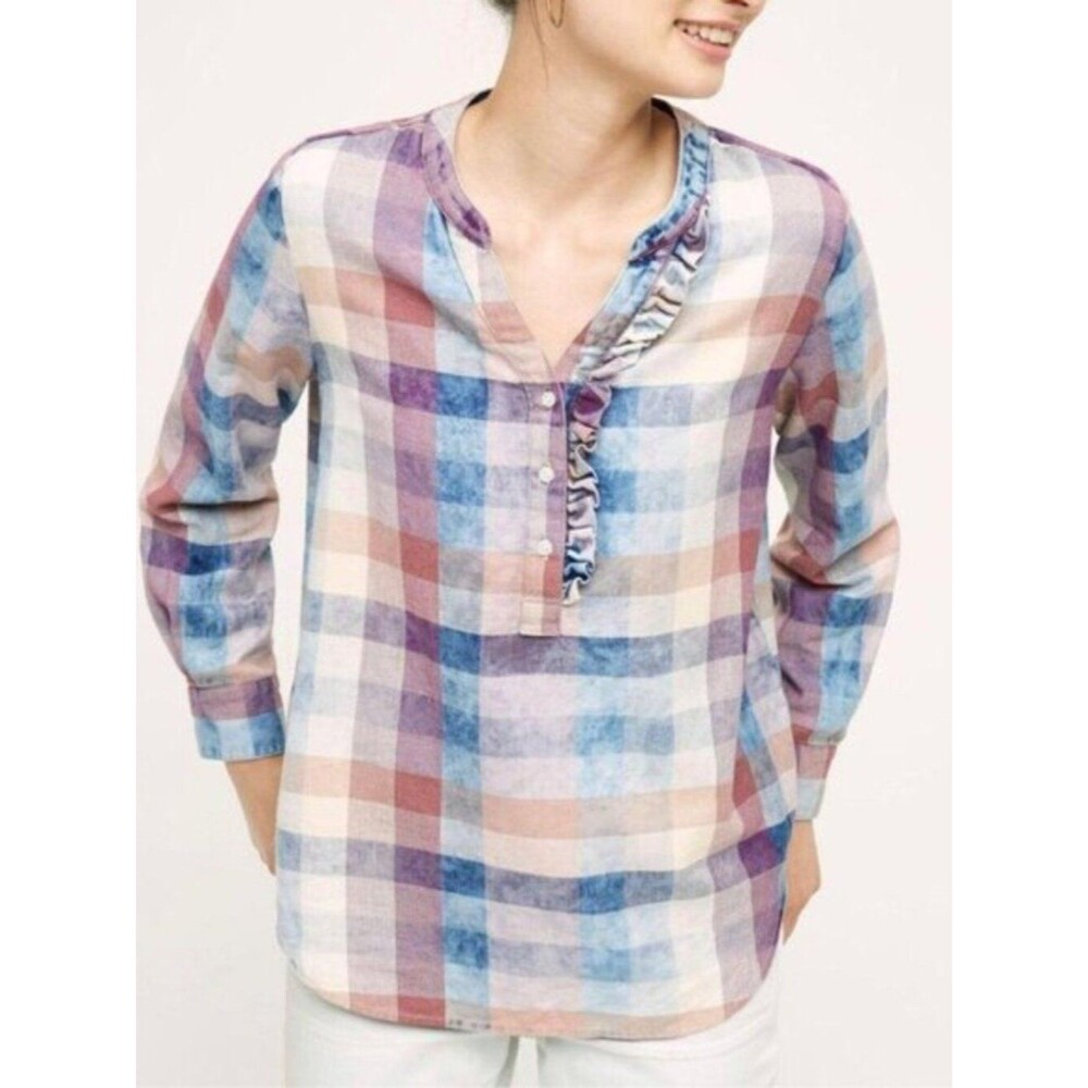 Isabella Sinclair Pastel Plaid Ruffle Henley Tunic Shirt - Size XS Womens